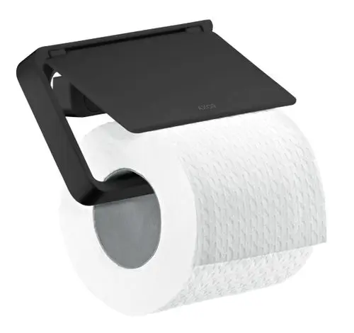 Toilettenpapierhalter mit Deckel in mattschwarzer Ausführung. Das Produkt zeigt eine robuste Halterung und ist für Standard-Toilettenpapierrollen geeignet. Marke: AXOR.